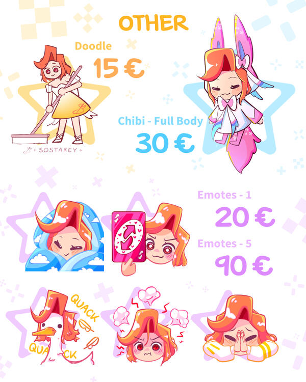 Other options are a doodle for 15€, a chibi fullbody for 30€ or emotes, were 1 costs 20€ and a bundle of 5 costs 90€