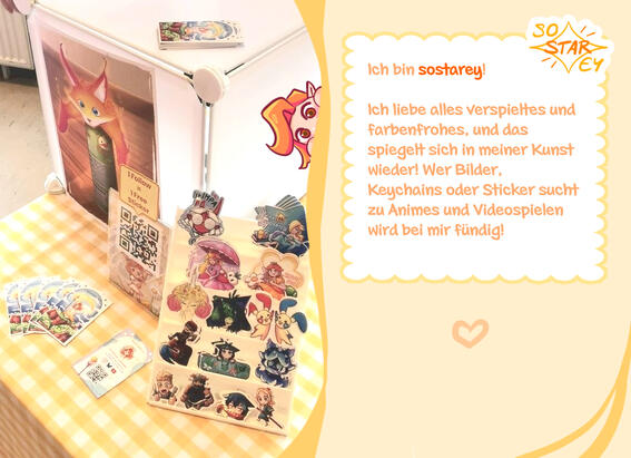 Introduction Ich bin sostarey! Ich liebe alles verspieltes und farbenfrohes, und das spiegelt sich in meiner Kunst wieder! Wer Bilder, Keychains oder Sticker sucht zu Animes und Videospielen wird bei mir fündig!
